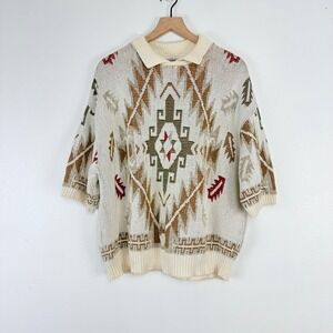 Vtg Alfred Dunner Knit Polo Sweater Men Size 44 XL Southwestern‎ Aztec Print